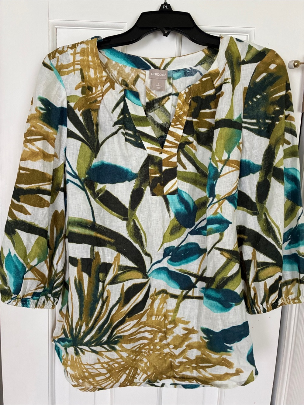 Chico's Teal, Olive & White Tropical Leaf Linen-Blend Tunic. Size 1